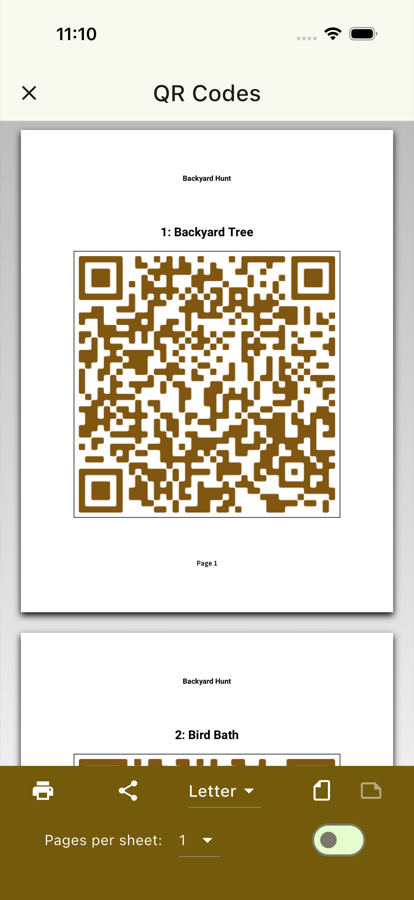 Backyard Hunt QR code management screen