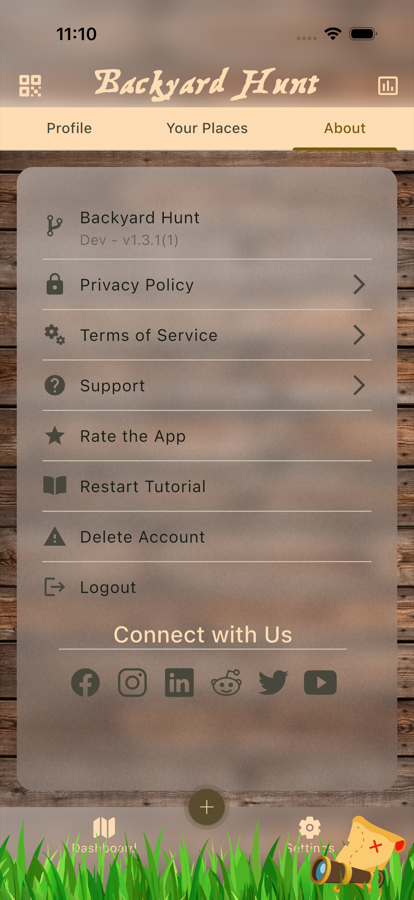 Backyard Hunt About settings screen