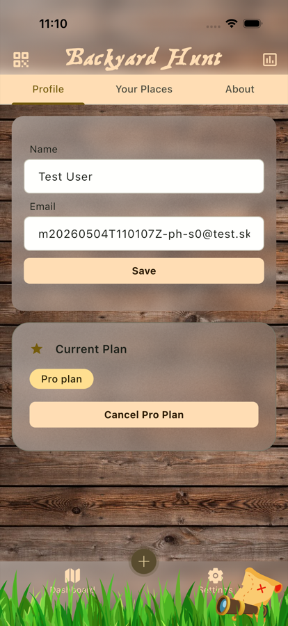 Backyard Hunt profile settings screen